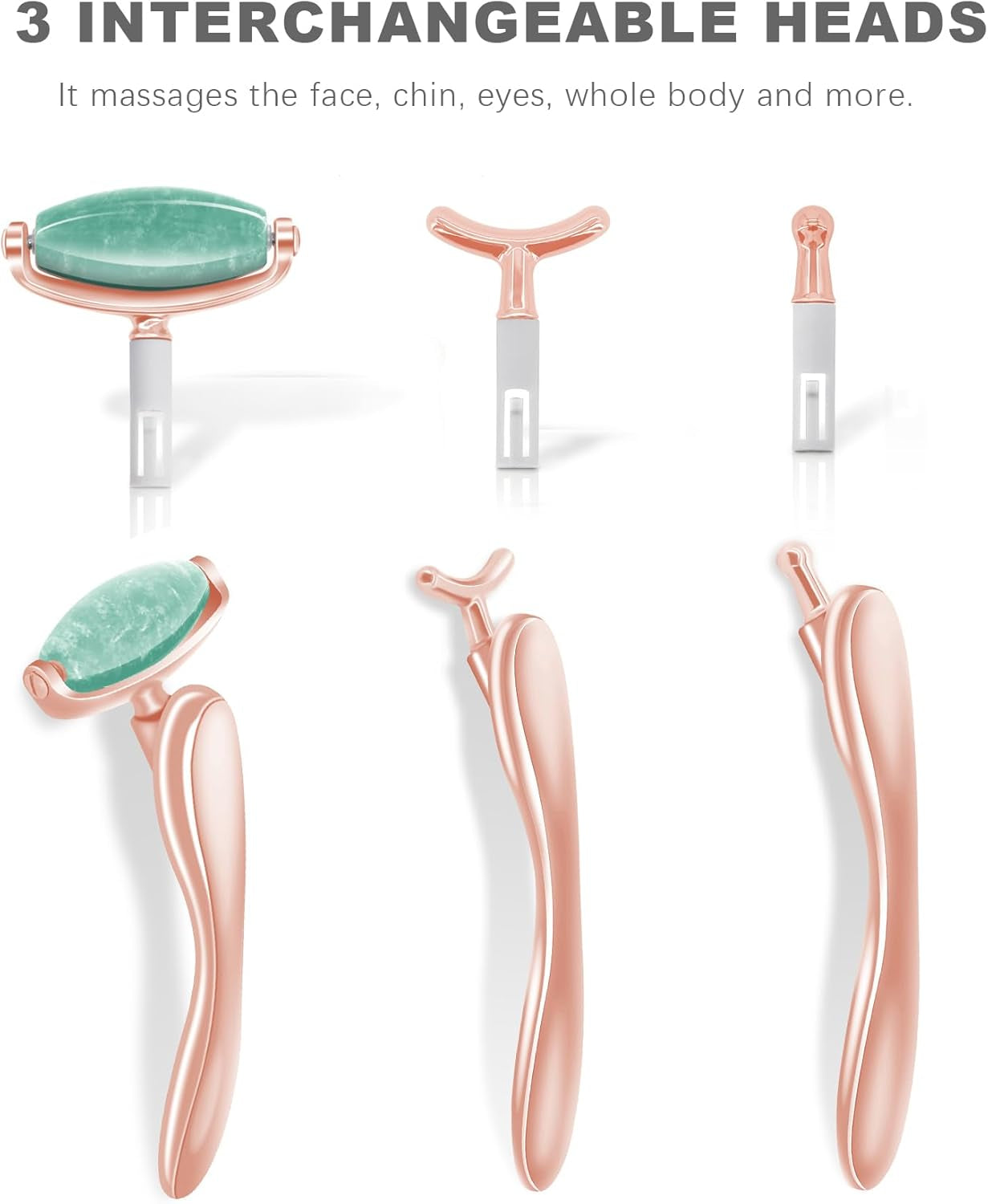 Jade Face Roller with 3 Interchangeable Heads, Facial Tools Face Rollers for Women, Face Massage Skin Care Beauty Tools (Green+Rose)