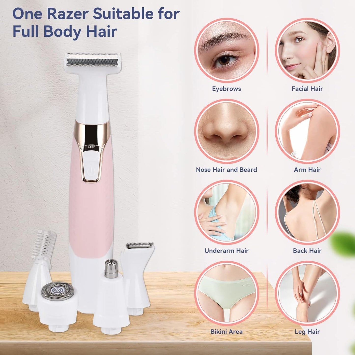Face Razors for Women,  Bikini Trimmer 5 in 1 Wet/Dry Electric Shaver Razors for Face Nose Eyebrow Beard Mustache Arm Leg Armpit Pubic Area Painless Rechargeable Facial Hair Removal for Women