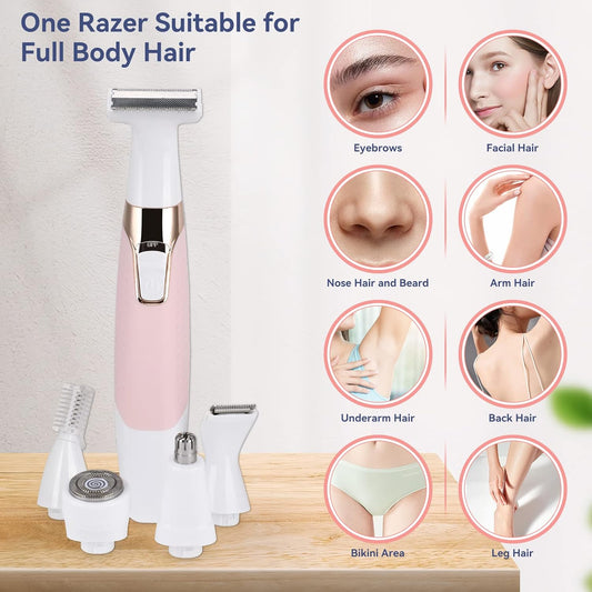 Face Razors for Women,  Bikini Trimmer 5 in 1 Wet/Dry Electric Shaver Razors for Face Nose Eyebrow Beard Mustache Arm Leg Armpit Pubic Area Painless Rechargeable Facial Hair Removal for Women