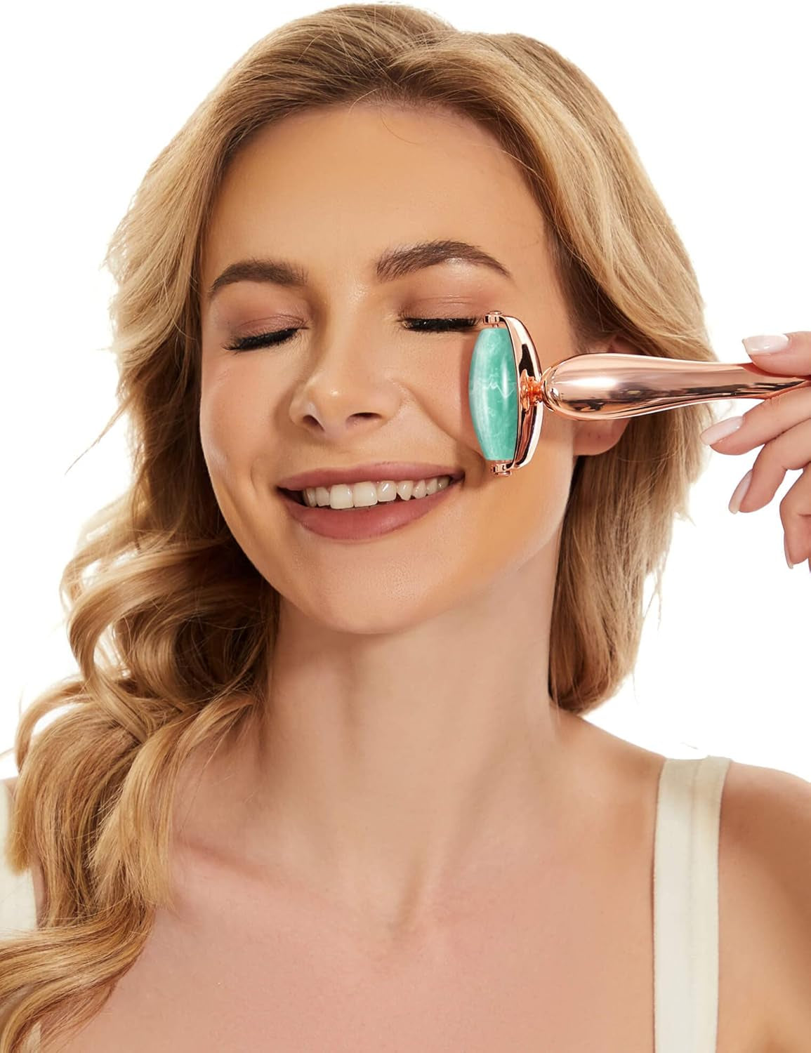 Jade Face Roller with 3 Interchangeable Heads, Facial Tools Face Rollers for Women, Face Massage Skin Care Beauty Tools (Green+Rose)