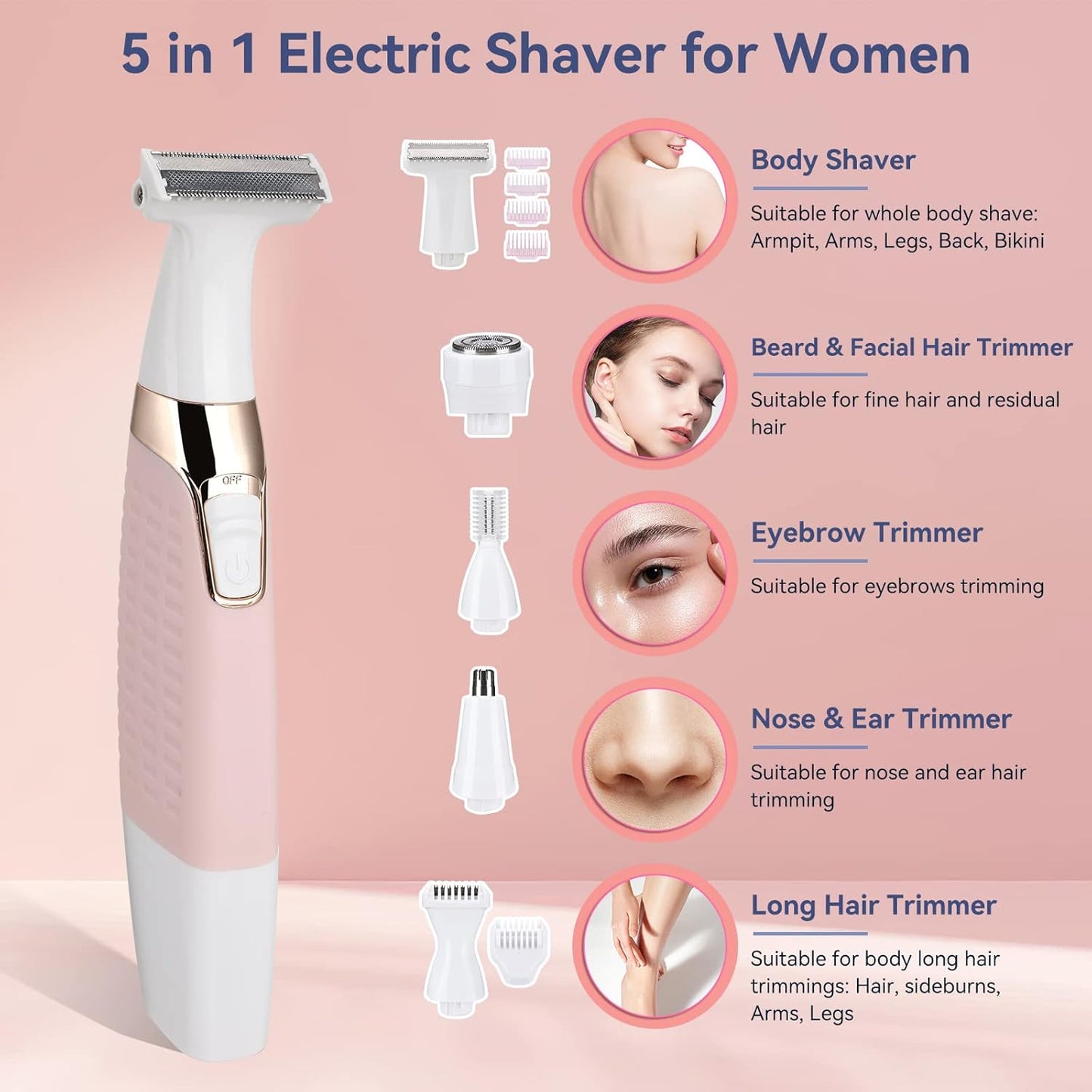 Face Razors for Women,  Bikini Trimmer 5 in 1 Wet/Dry Electric Shaver Razors for Face Nose Eyebrow Beard Mustache Arm Leg Armpit Pubic Area Painless Rechargeable Facial Hair Removal for Women