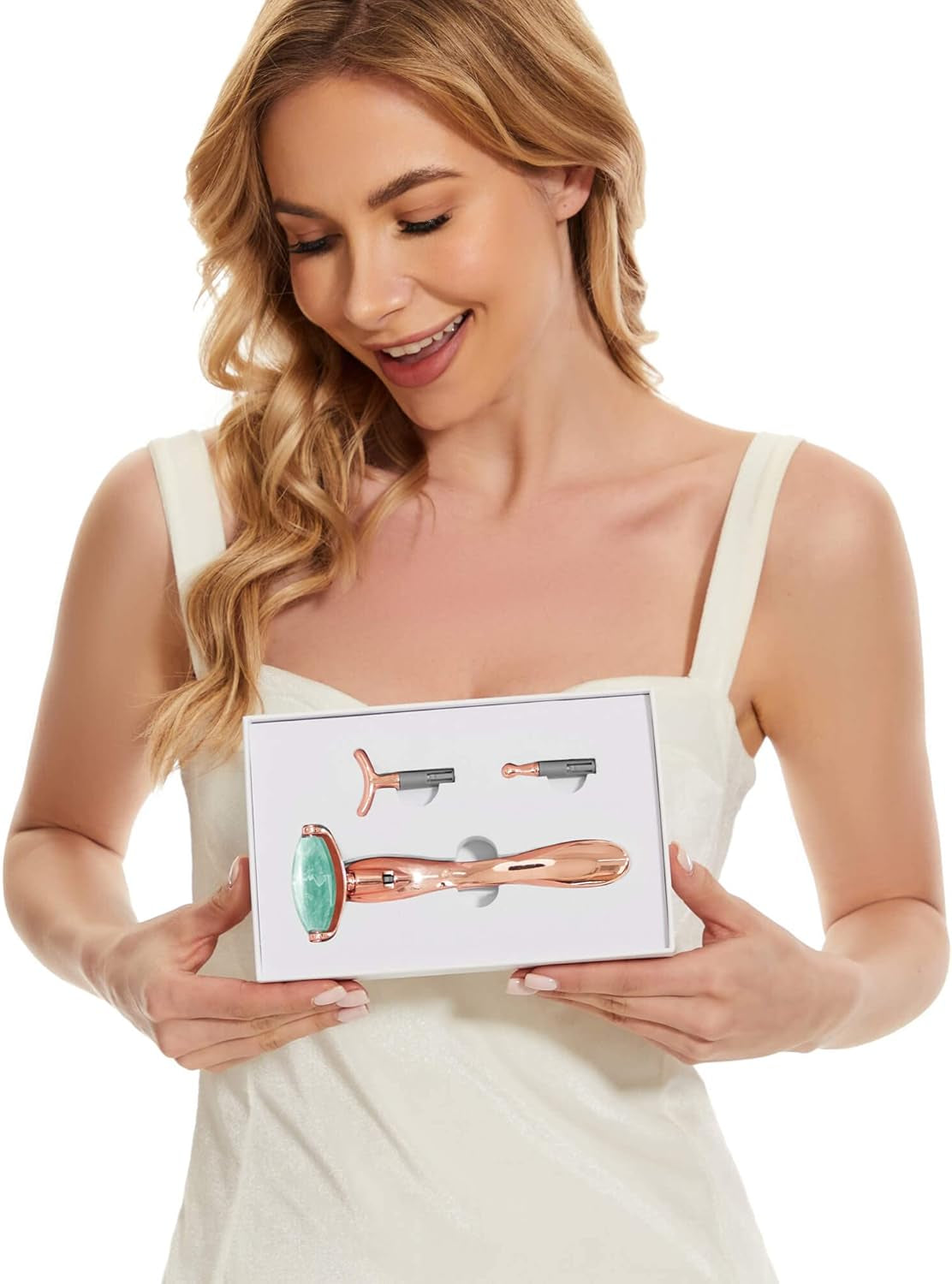 Jade Face Roller with 3 Interchangeable Heads, Facial Tools Face Rollers for Women, Face Massage Skin Care Beauty Tools (Green+Rose)